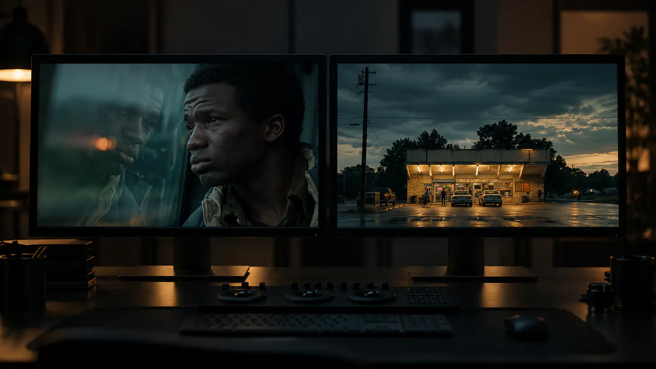 Two identical grading monitors displaying a portrait and a roadside scene with a coherent cinematic colour palette