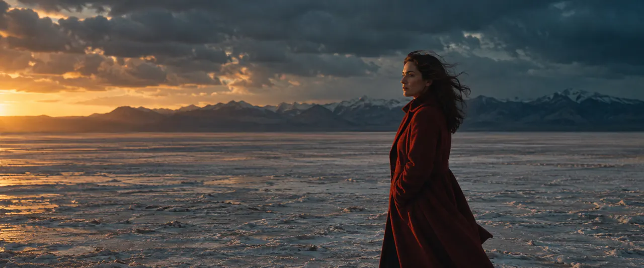 Cinematic landscape with a woman in a red coat at dusk