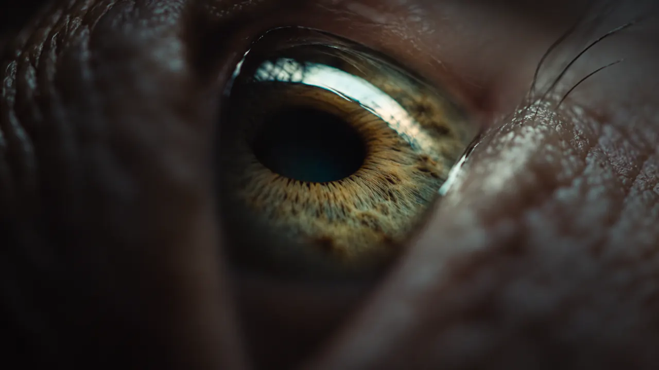 A cinematic close-up of a hazel eye with soft reflected light