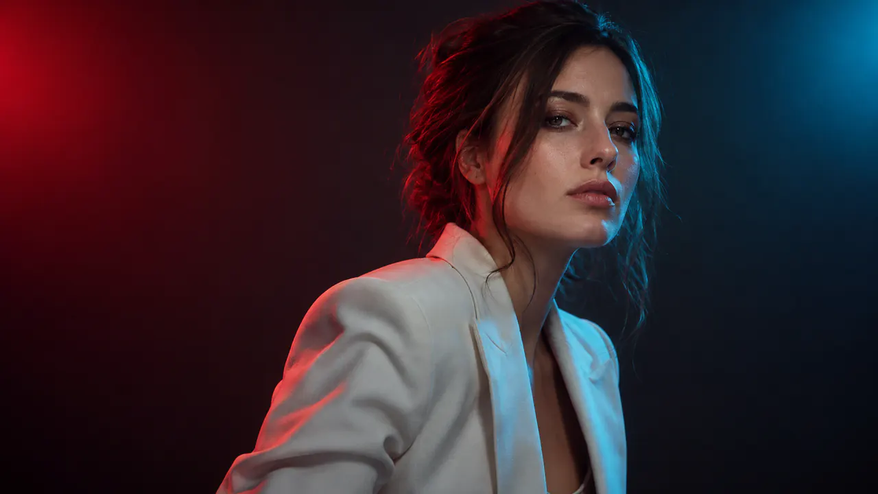 Cinematic portrait with red and cyan lighting