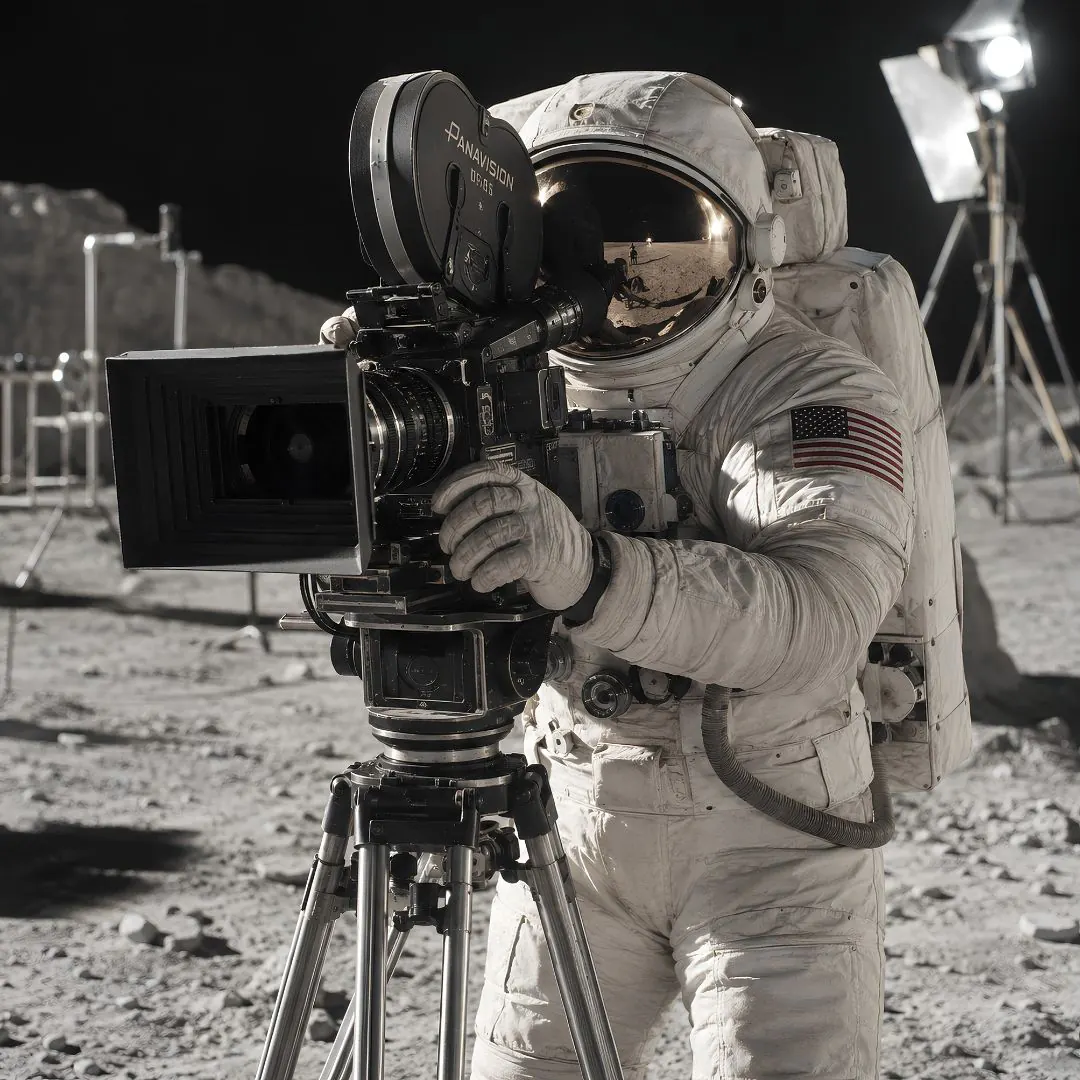 An astronaut operating a cinema camera on a lunar film set