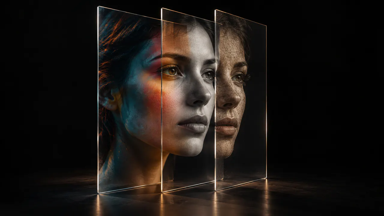 A portrait separated across three translucent glass planes exploring colour, tone and texture